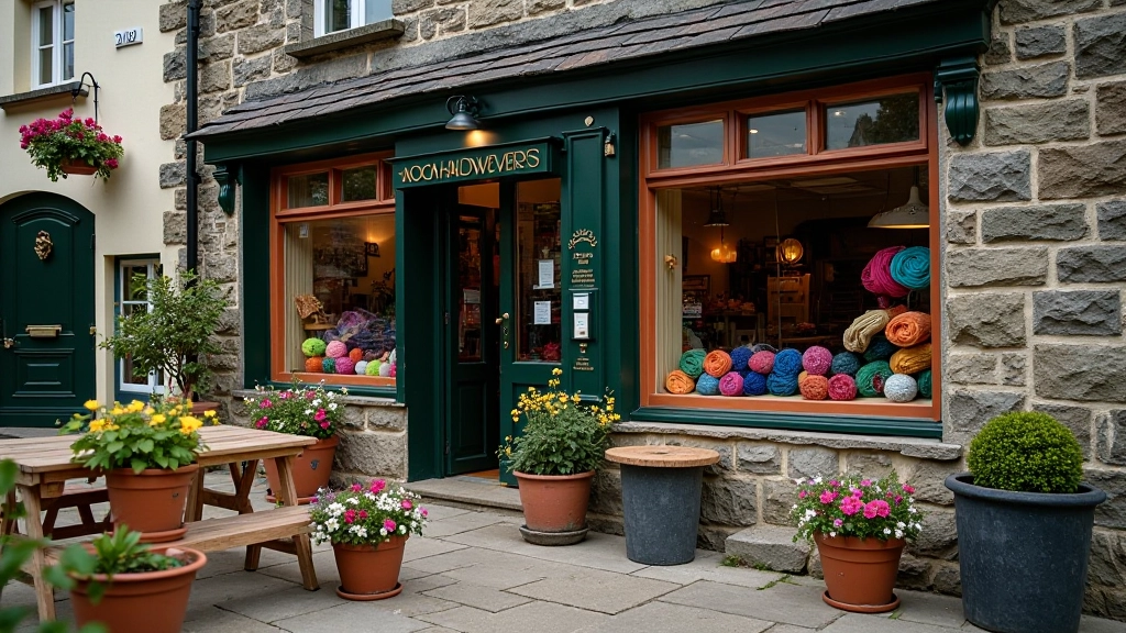 Visitor at Avoca Handweavers with colorful woven textiles displayed in shop window