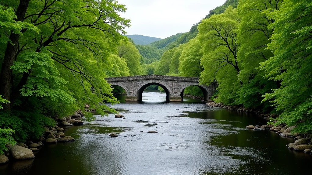 Avoca River flowing through lush green valley with ancient stone bridge crossing over the water