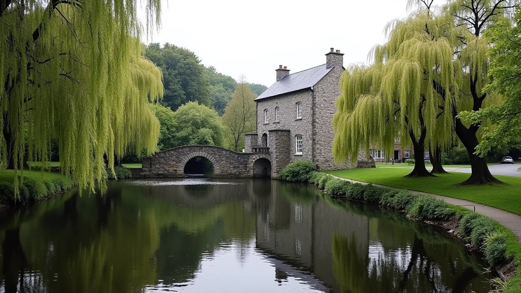 Serene mill pond surrounded by trees and stone structures in Wicklow, Ireland
