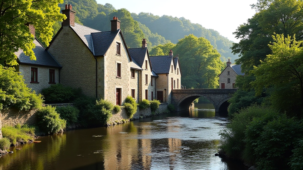 Historic mill building structure reflecting in river water with surrounding natural landscape