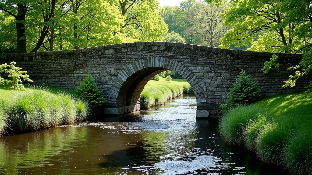 Historic stone wall and arched water channel structure from the original mill, surrounded by vegetation and trees
