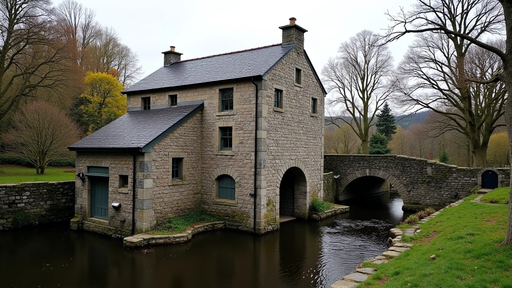 Historic stone mill building near riverside with water channel, showing industrial heritage architecture