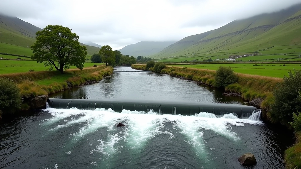 Two rivers meeting at scenic confluence point with lush green hills in Meeting of Waters, Wicklow