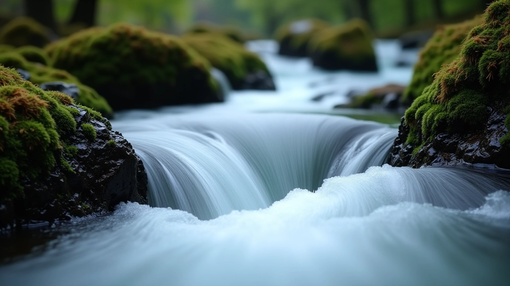 Close-up of flowing water where two rivers merge with smooth white water patterns and moss-covered rocks along the riverbank