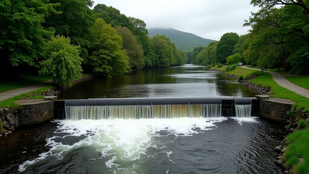 Middle weir pathway with rocky outcrops and flowing water cascading down stone structures