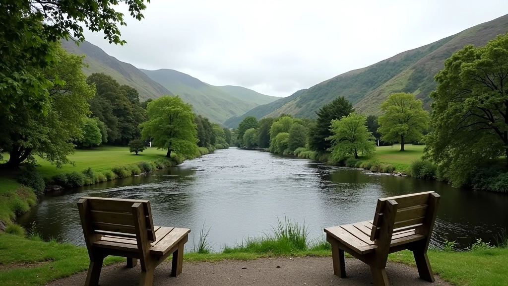 Scenic riverside viewpoint with benches overlooking the Avoca River valley and surrounding countryside