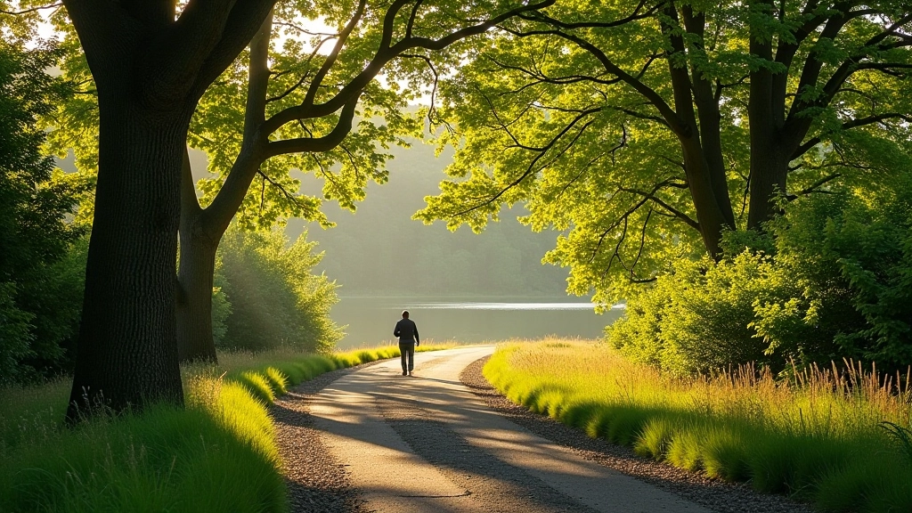 Walking path alongside river with mature trees and peaceful countryside setting