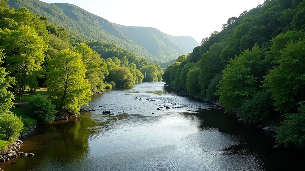 Scenic river valley with two converging waterways surrounded by dense green woodland and rolling hills at Meeting of Waters