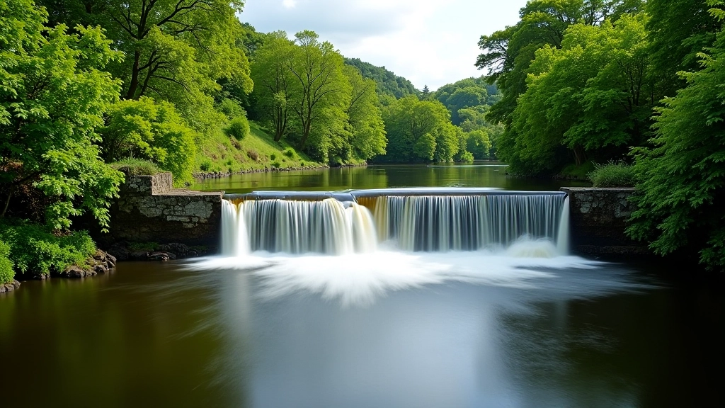 Lower weir with calm water reflecting surrounding greenery and trees