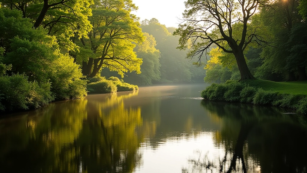 Peaceful pond with reflections of mature trees and clear water surface in afternoon light