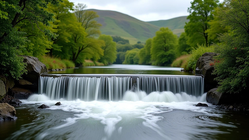 Weir with water cascade and green landscape in background near Avoca