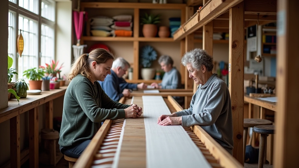 Interior of Avoca Handweavers studio showing active looms and colorful woven textiles on display shelves