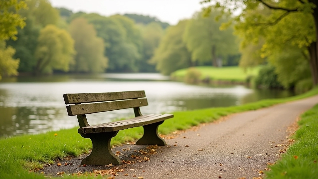 Wooden bench overlooking the mill pond with water and distant treeline visible, peaceful walking path beside it